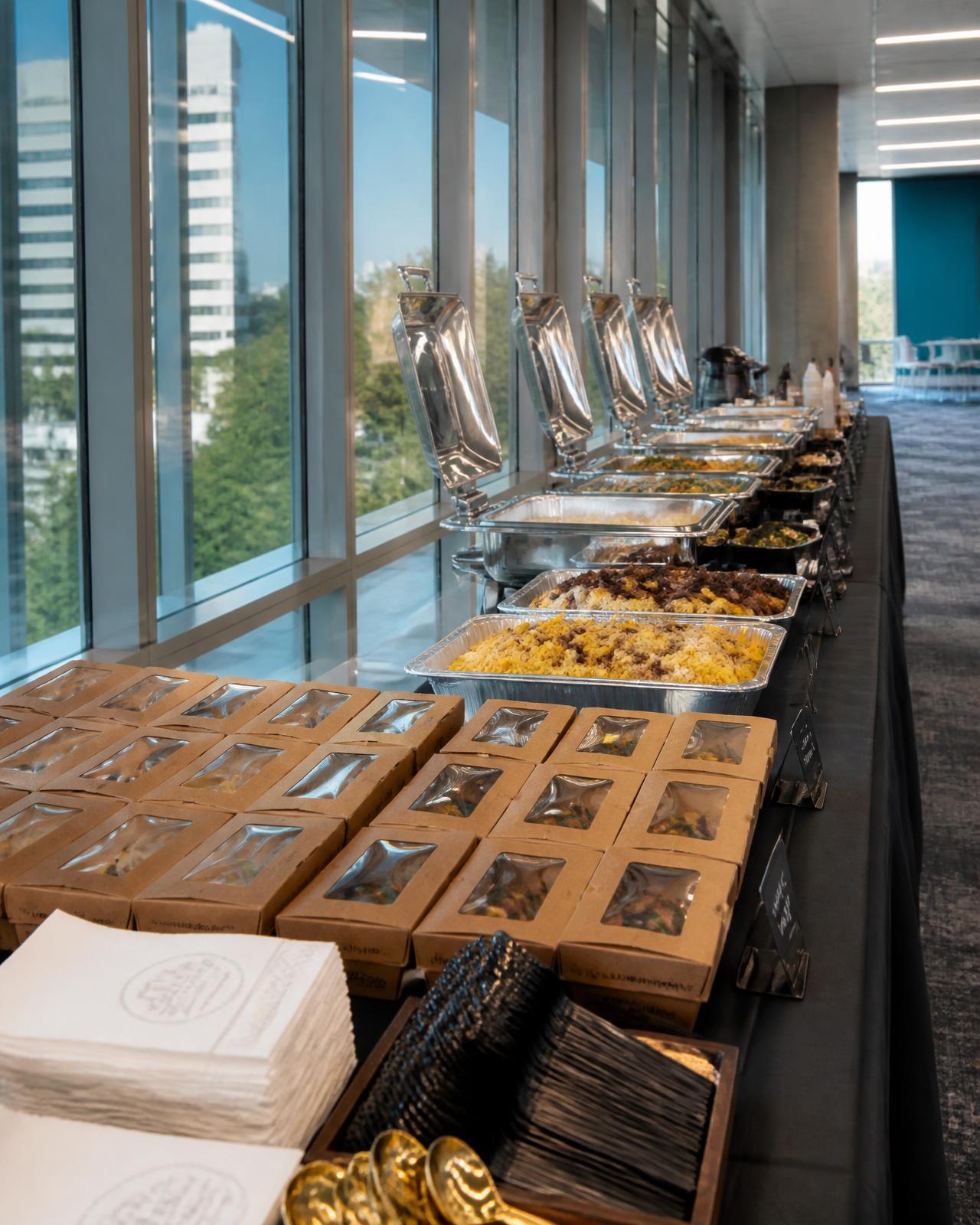 Corporate catering buffet with chafing dishes and snack boxes by TT Lunch Kit