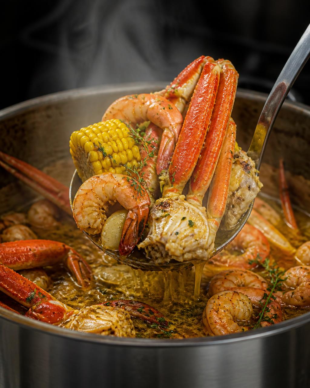 Trinidadian seafood boil being ladled from a steaming pot