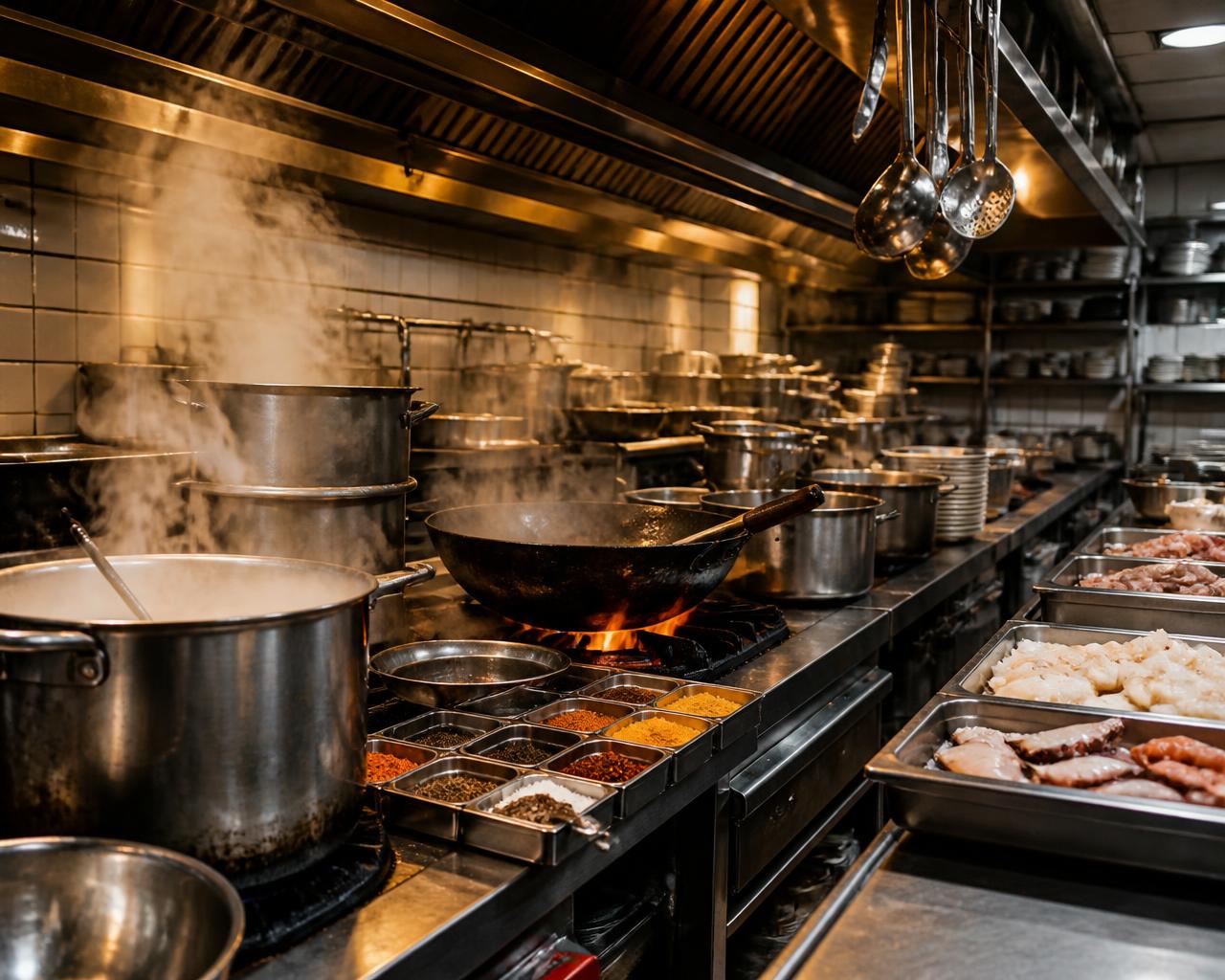 The TT Lunch Kit kitchen in San Fernando, Trinidad, with steaming pots and prepped seafood