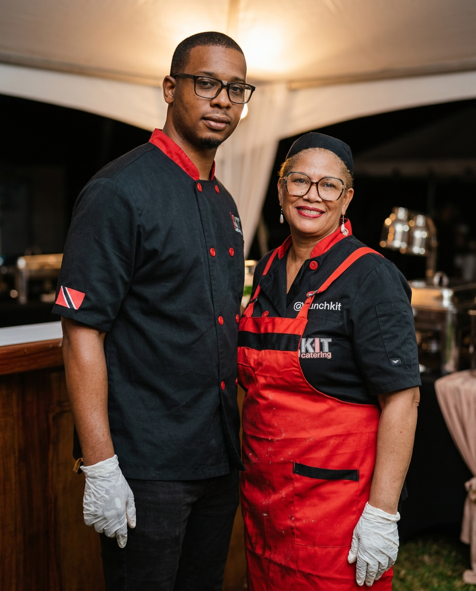 Justin Girdharrie and Peggy of TT Lunch Kit in branded chef coats and red catering apron at an event in Trinidad